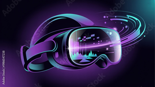 Virtual reality headset, futuristic VR goggles, purple neon tech, gaming accessory, cyberpunk equipment