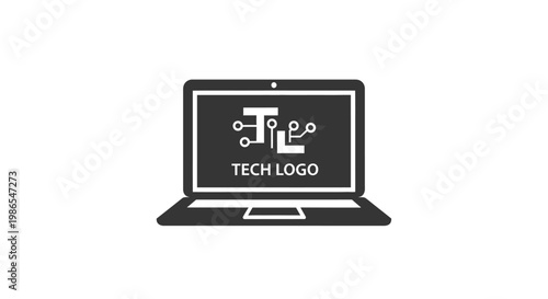 Tech Logo: A minimalist tech logo design presented on a laptop screen, symbolizing innovation and technological advancement. The logo incorporates circuit-like elements.