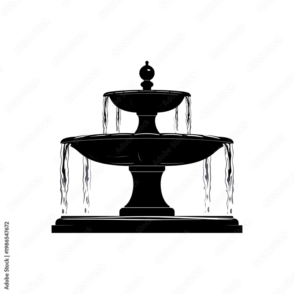 Fototapeta premium A black silhouette of a two-tiered fountain with flowing water