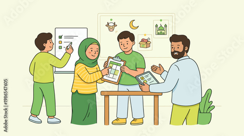 Group of Muslim People Planning Eid al-Adha Celebration and Qurbani Meat Distribution Charity Event