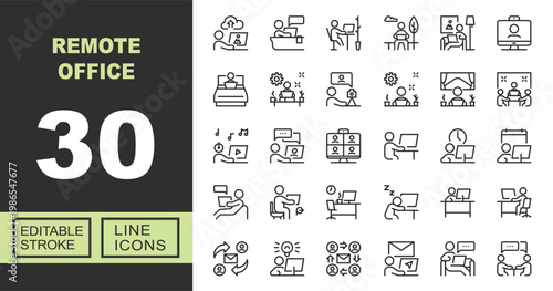 Remote Office line icon set. Exclusive Remote Office line icon collection. Containing cloud, laptop, coworking, outdoor, freelance, webcam, bedroom, workplace, conferencing, webinar. Editable stroke.