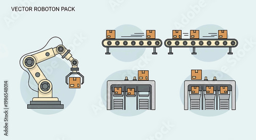 A robotic arm assembles packages on a conveyor belt in a factory.