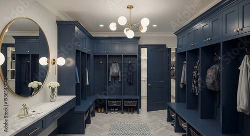 Luxurious navy blue mudroom with ample storage, vanity, and elegant lighting.