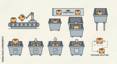 An illustration depicts a factory worker sorts packages on a conveyor belt into recycling bins.