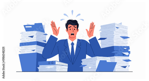 An overwhelmed office worker in a blue professional suit reacts with distress while sitting among numerous disorganized piles of documents and storage containers.
