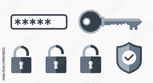 Security icons including a password field, key, three padlocks, and a shield with a checkmark are shown.