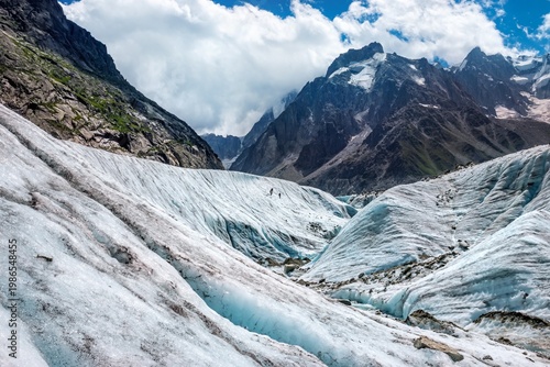 Glacier landscape in Mont Blanc massif with ice textures and alpine peaks, natural scenery in the Alps