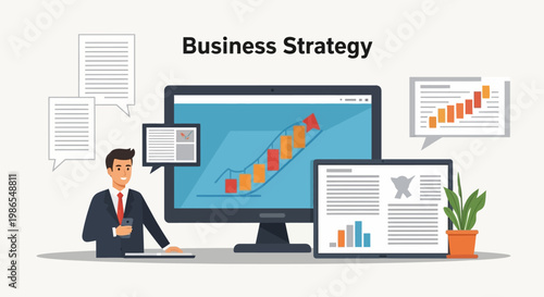 Businessman analyzing data on computer and laptop at office desk with strategy charts