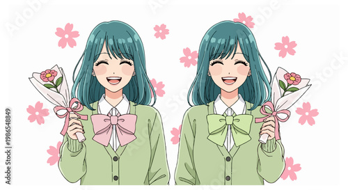 Two cheerful anime girls with teal hair and green sweaters smile while holding flower bouquets against a background decorated with pink cherry blossoms.