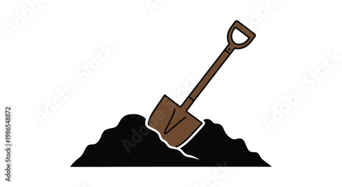 A brown shovel digging into a pile of dark soil or dirt