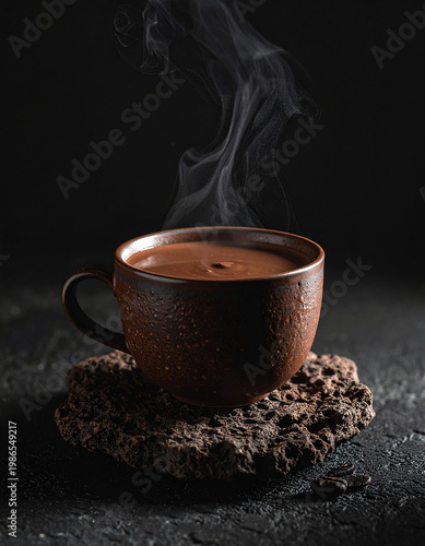 Taza de chocolate caliente espeso en fondo rústico
