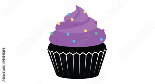 A colorful illustration of a purple frosted cupcake with sprinkles