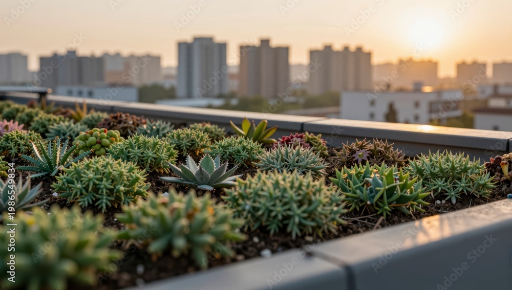 Fototapeta premium Rooftop garden with various succulents and city skyline at sunset
