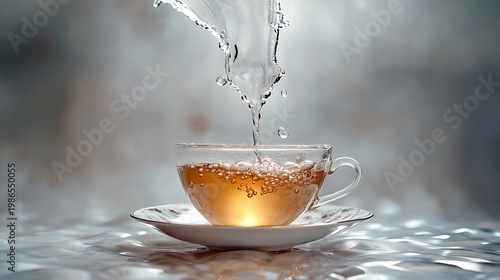 Upside down tea cup pouring liquid into a floating saucer
