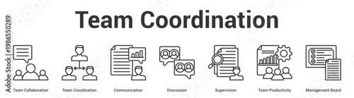 Team Coordination web banner icon set vector illustration concept for business with icon of Team Collaboration, Team Coordination, Communication, Discussion, Supervision, Team Productivi.