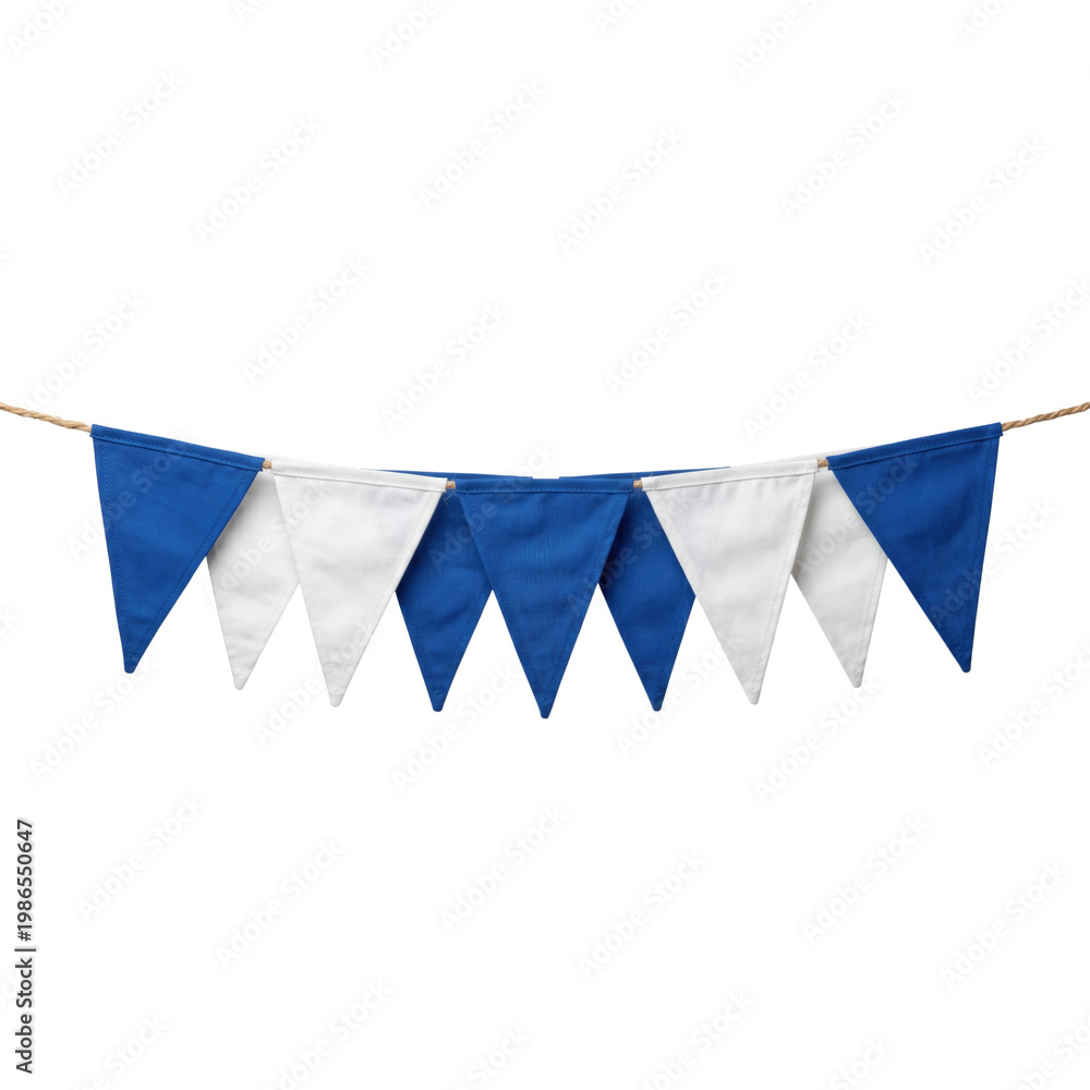 Obraz premium Blue and white triangular bunting flags on rope