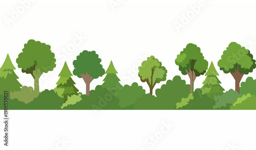 Colorful forest border vector horizontal tree and bush line flat cartoon nature scene