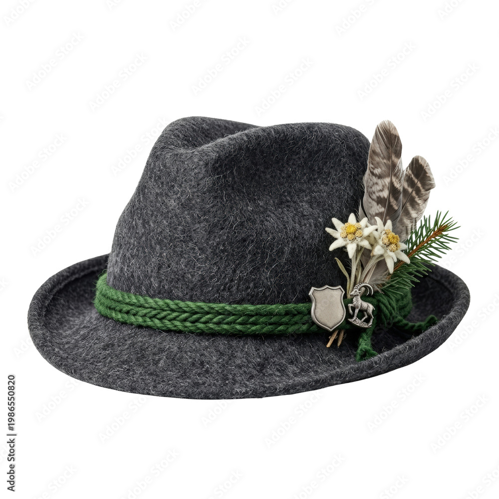 Fototapeta premium Traditional Bavarian alpine felt hat with edelweiss and feathers