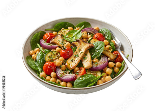 Delicious salad featuring eryngium mushrooms, chickpeas, veggies, and spinach in a bowl, set against a white background.