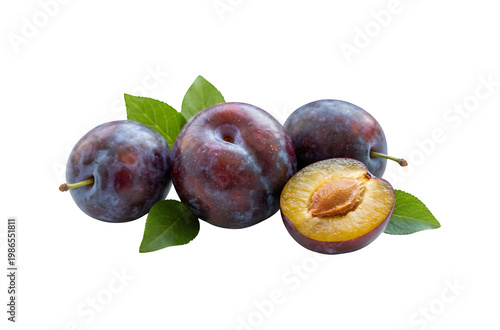 Three plums and one cut in half

