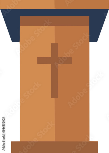 wooden pulpit with cross in church sanctuary.