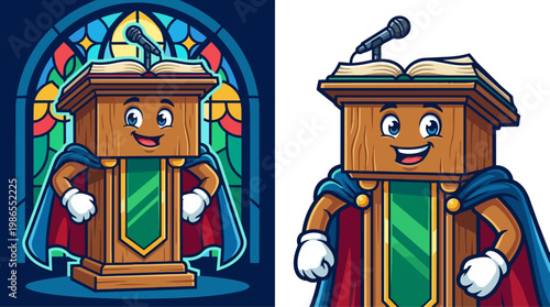 Cartoon pulpit with Bible gleaming in church.