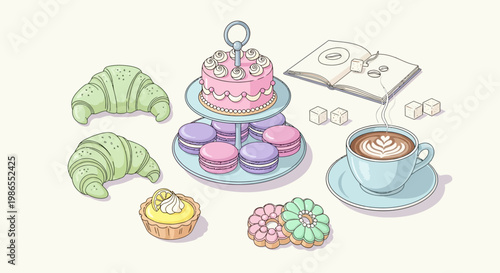 Colorful pastries and coffee illustration.