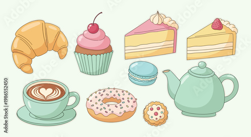 Assorted sweet baked goods and tea.