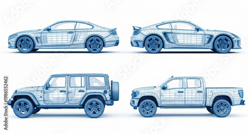 Four different types of vehicles depicted as wireframes.