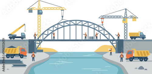 Bridge Construction Scene With Cranes And Workers.