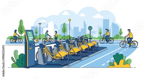 City bike rental station with cyclists.