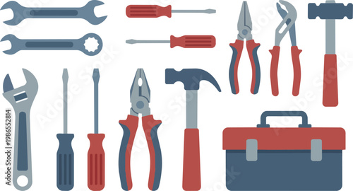 Assorted hand tools and toolbox arrangement.
