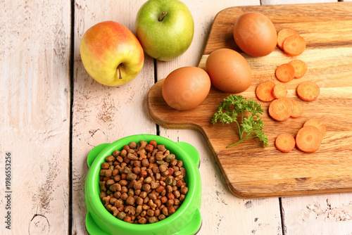 Bowl with dry pet food and ...