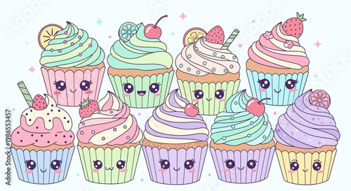 Delightful Dessert Spread: A charming assortment of beautifully decorated cupcakes, each topped with creative frosting and fruity garnishes, create a sweet spectacle of joy.