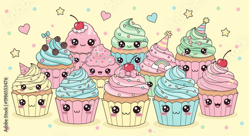 Whimsical Cupcake Delight: A delightful array of adorable cupcakes, each with a unique frosting and charming personality, creating a scene of sweet treats and cheerful vibes.