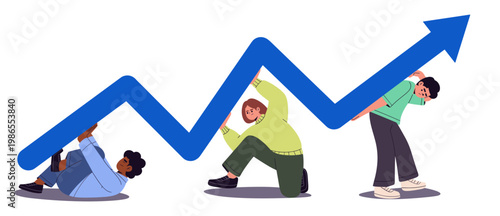 Flat vector illustration showing diverse people supporting and lifting a rising arrow graph symbolizing business growth, financial recovery, teamwork, and resilience. Concept of overcoming challenges,
