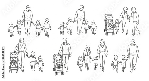 Collection of Hand Drawn People and Families with Strollers.