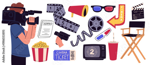 Flat illustration of filmmaking and cinema elements including cameraman, film reel, clapperboard, director chair, 3D glasses, popcorn, and cinema ticket. Creative concept of movie production, video
