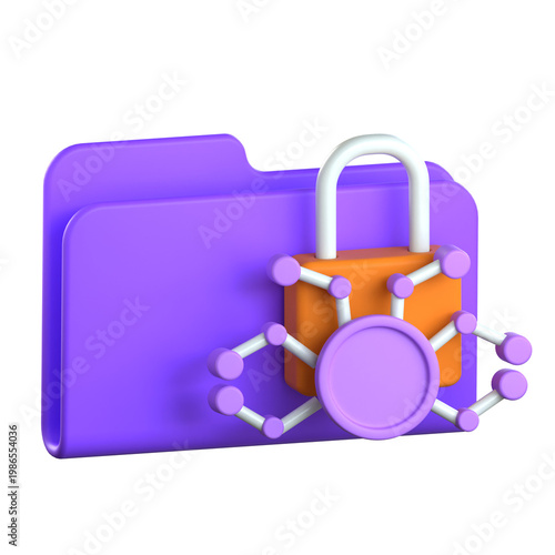 A 3D purple folder protected by a padlock and a network node symbol representing blockchain technology and confidential file safety