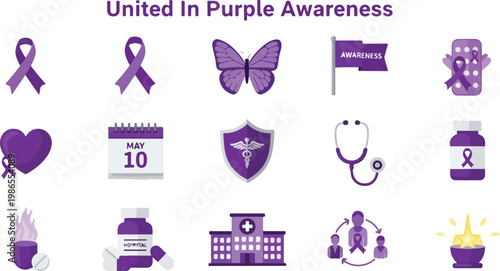 Purple Awareness Symbols for Lupus and Other Causes, Featuring Ribbons, Butterflies, and Medical Icons