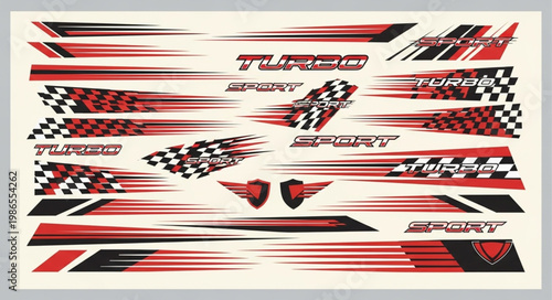 Set of racing car decals and stickers with turbo and sport graphics.