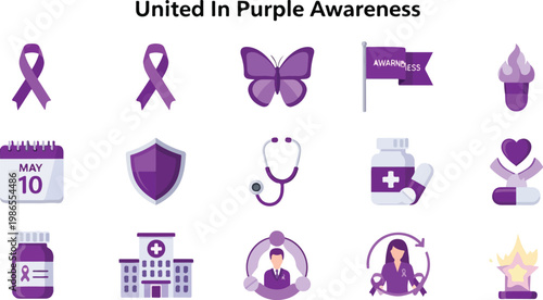 Purple Awareness Icons Lupus, Cancer, Alzheimer's, Domestic Violence, Epilepsy, and More