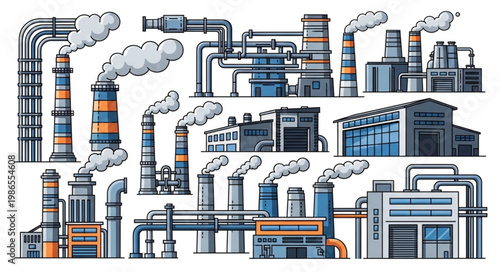 Industrial factory buildings with smoking chimneys and pipes.