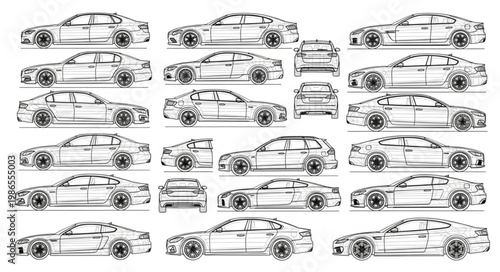 Collection of Sports Car Line Drawings Various Angles.