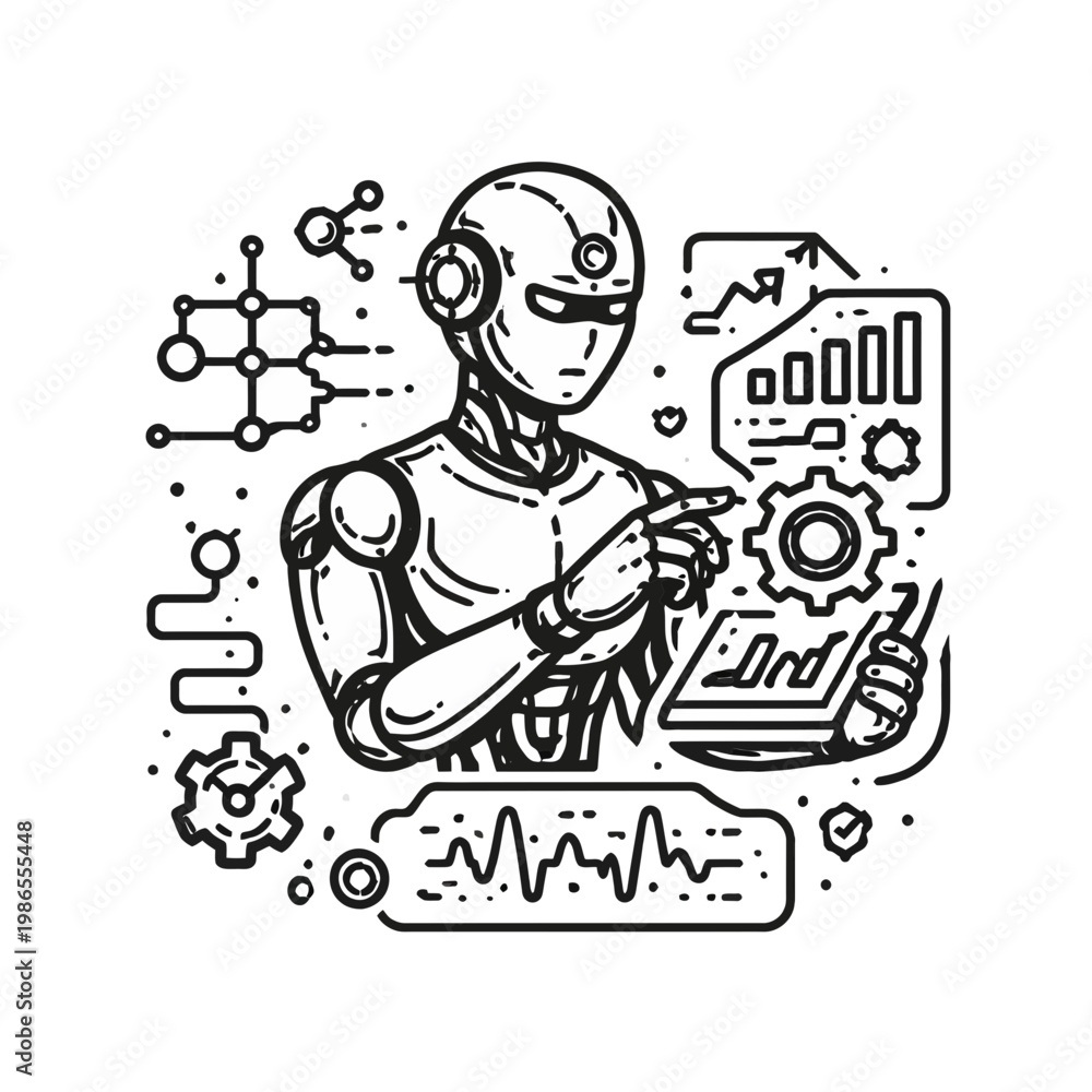 Naklejka premium Intelligent AI Robot Processing Data Icon, Representing Advanced Machine Learning and Digital Technology Concepts through a Sleek Line Art Illustration for Futuristic Innovation