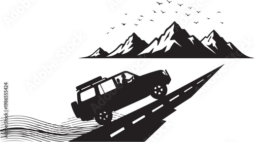 Black SUV driving on mountain road, speeding vehicle silhouette, adventure travel icon