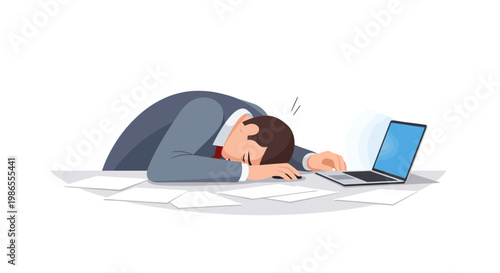 An exhausted businessman lies face down on a desk amidst scattered papers next to an open laptop in a cartoon illustration with a despondent mood, set against a clean, bright background
