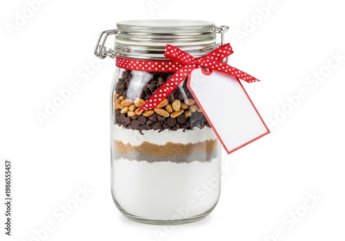 Homemade cookie mix layers in a glass jar with a red ribbon and tag