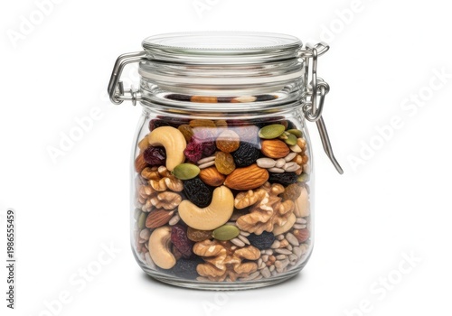 Glass jar filled with a variety of healthy mixed nuts and seeds