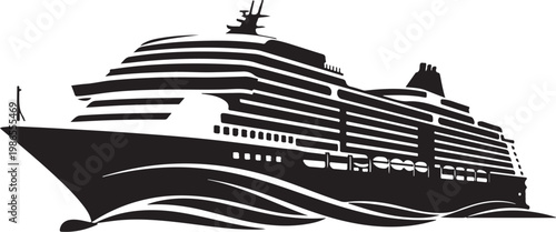 Cruise ship, ocean liner, black silhouette, vector illustration, nautical icon, travel symbol